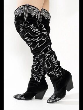 Black Velvet Rhinestone Embroidered Over-the-Knee Western Cowboy Boots Sz 8.5